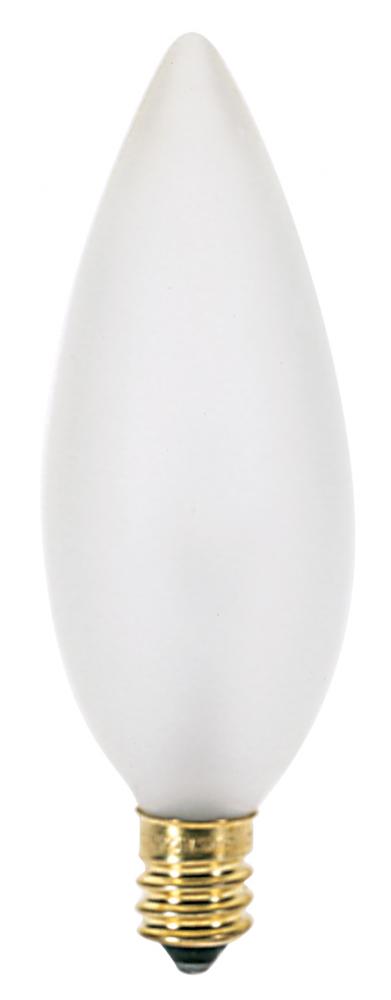 25 Watt BA9 1/2 Incandescent; Frost; 1500 Average rated hours; 212 Lumens; Candelabra base; 120 Volt