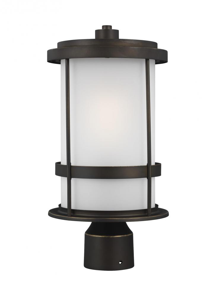 Wilburn modern 1-light outdoor exterior post lantern in antique bronze finish with satin etched glas